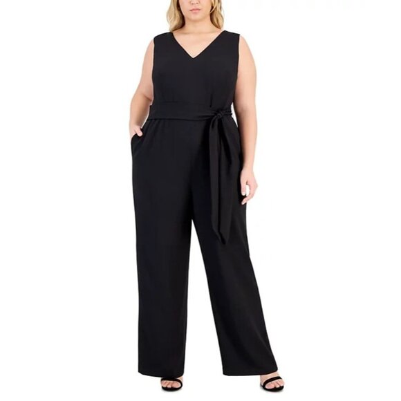 Kasper V-Neck Sleeveless Belted Jumpsuit BLACK Plus Size 20 MSRP $109